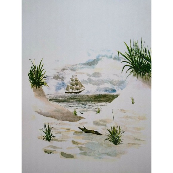 Pirate Ship Art Print Distant Beach Sand Dune Seaside Seascape T Rex Nautical - Picture 6 of 8